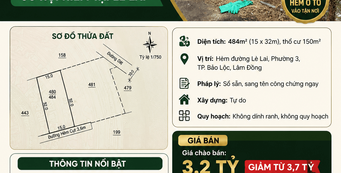 [A123] 3,2 TỶ - 484M2 ĐẤT THỔ CƯ BẰNG PHẲNG VUÔNG VỨC PHƯỜNG 3 BẢO LỘC GẦN GIÁO XỨ TÂN HÀ