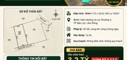 [A123] 3,2 TỶ - 484M2 ĐẤT THỔ CƯ BẰNG PHẲNG VUÔNG VỨC PHƯỜNG 3 BẢO LỘC GẦN GIÁO XỨ TÂN HÀ