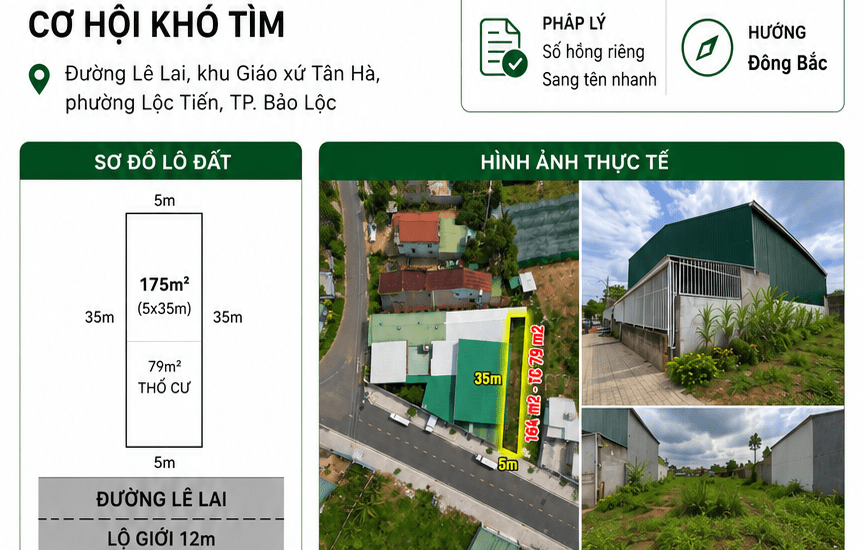 [A045] 1,8 TỶ - 175M2 ĐẤT THỔ CƯ SỔ HỒNG RIÊNG MẶT TIỀN LÊ LAI, GẦN GIÁO XỨ TÂN HÀ