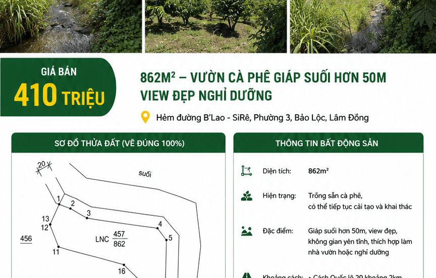 [A111] 410 TRIỆU - 862M2 ĐẤT VƯỜN CÀ PHÊ GIÁP SUỐI HƠN 50M VIEW ĐẸP NGHỈ DƯỠNG PHƯỜNG 3 BẢO LỘC