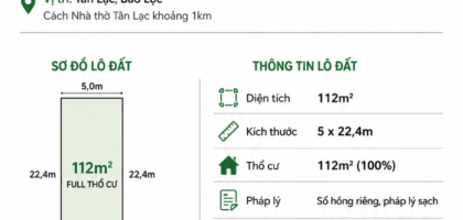 [A116] 450 TRIỆU - 112M2 ĐẤT THỔ CƯ XÂY DỰNG TỰ DO MẶT TIỀN ĐƯỜNG NHỰA 6M CÁCH NHÀ THỜ TÂN LẠC 1KM