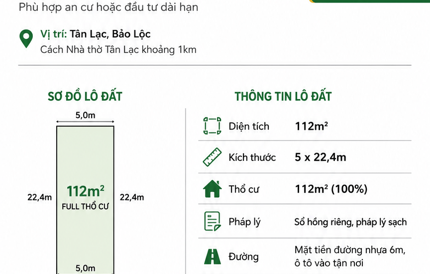 [A116] 450 TRIỆU - 112M2 ĐẤT THỔ CƯ XÂY DỰNG TỰ DO MẶT TIỀN ĐƯỜNG NHỰA 6M CÁCH NHÀ THỜ TÂN LẠC 1KM