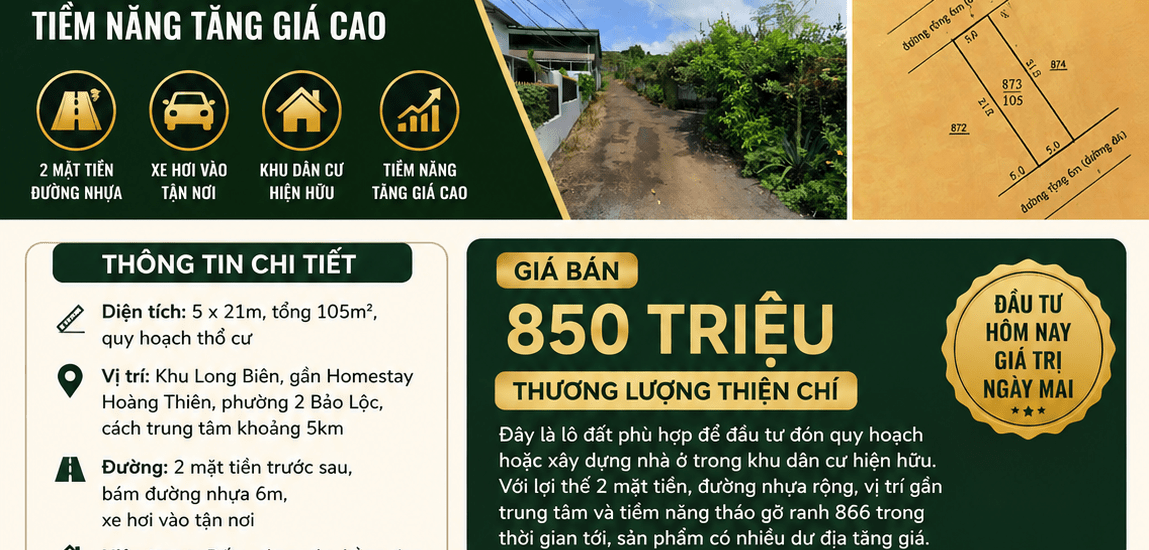 [A122] 850 TRIỆU - 105M2 ĐẤT THỔ CƯ BẰNG ĐẸP PHƯỜNG 2 BẢO LỘC GẦN HOMESTAY HOÀNG THIÊN