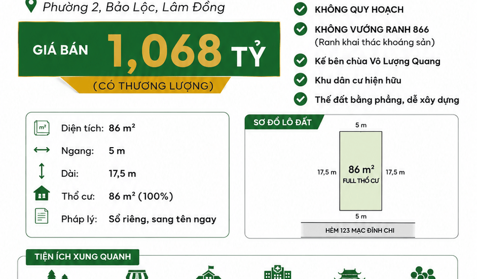 [BL123] 1.068 TỶ - 86M2 - PHƯỜNG 2 BẢO LỘC GẦN CHỢ KHU 6, KẾ CHÙA VÔ LƯỢNG QUANG
