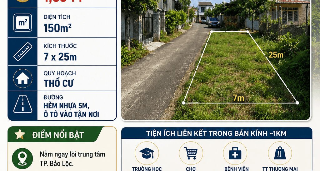 A126 1,65 TỶ - 150M2 ĐẤT THỔ CƯ HẺM NHỰA 5M Ô TÔ TẬN NƠI GẦN CHỢ MỚI BẢO LỘC