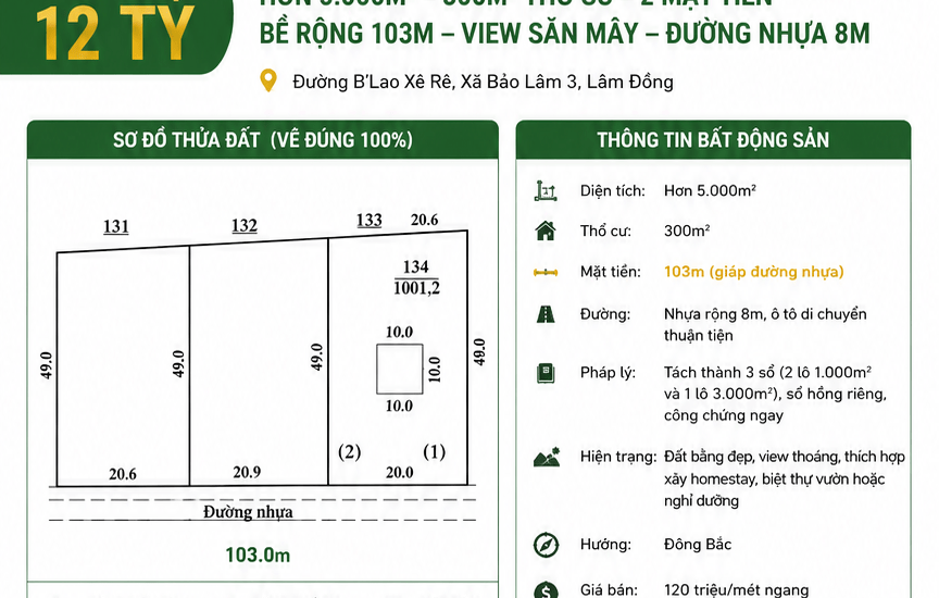 [A128] 12 TỶ HƠN 5000M2 ĐẤT THỔ CƯ VIEW SĂN MÂY 2 MẶT TIỀN ĐƯỜNG B'LAO XÊ RÊ