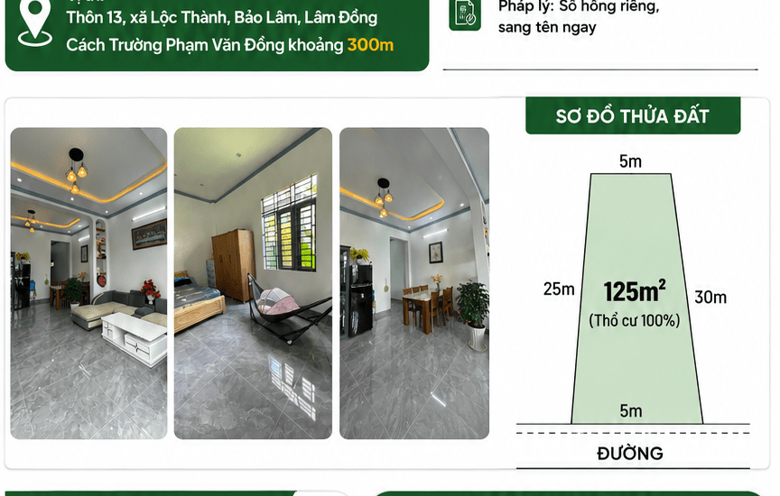 [A135] 1.599 TỶ - 125M2 NHÀ THỔ CƯ SỔ HỒNG RIÊNG, DỌN VÀO Ở NGAY PHƯỜNG LỘC THÀNH BẢO LỘC CÁCH TRƯỜNG PHẠM VĂN ĐỒNG 300M
