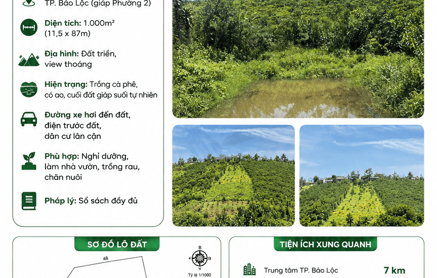[A139] 900 TRIỆU - 1000M2 ĐẤT VIEW SUỐI, CÓ AO TỰ NHIÊN PHƯỜNG 2 BẢO LỘC GẦN CHỢ LỘC TÂN