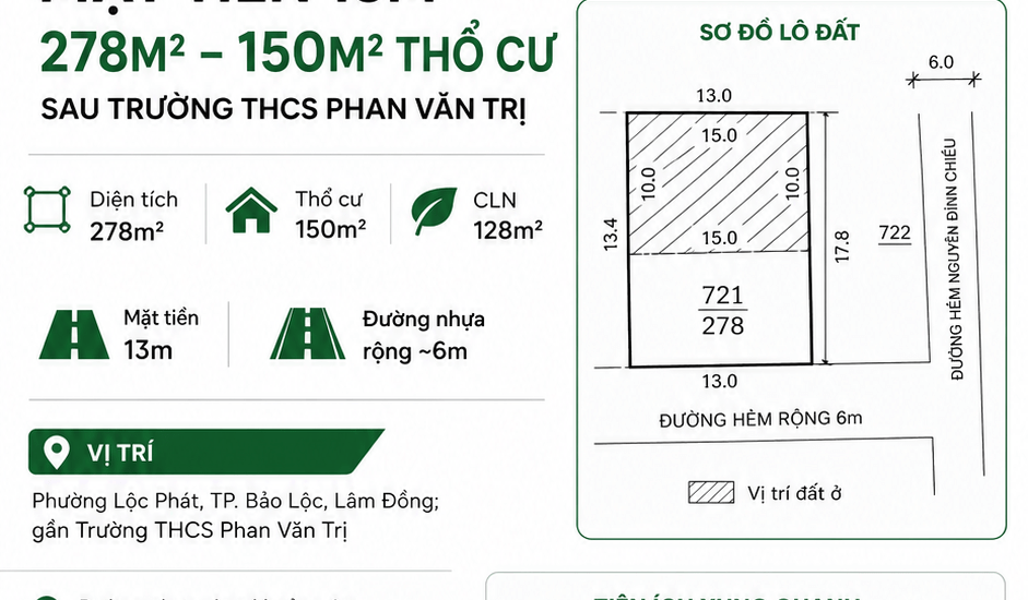 [A147] 2,9 TỶ - 278M2 ĐẤT THỔ CƯ MẶT TIỀN 13M SỔ HỒNG RIÊNG GẦN TRƯỜNG THCS PHAN VĂN TRỊ