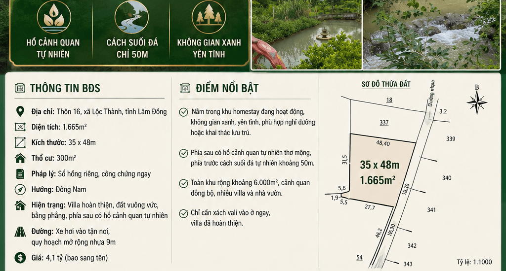 [C021] 4,1 TỶ - 1.665M2 VILLA HỒ TỰ NHIÊN PHƯỜNG LỘC THÀNH BẢO LỘC, GẦN SUỐI ĐÁ 50M