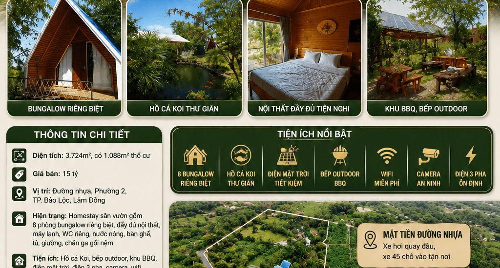 [A114] 15 TỶ - 3.724M2 ĐẤT THỔ CƯ - HOMESTAY SÂN VƯỜN ĐẸP, KHAI THÁC NGAY TẠI BẢO LỘC
