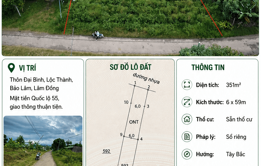 [A133] 780 TRIỆU - 351M2 ĐẤT THỔ CƯ SỔ HỒNG RIÊNG MẶT TIỀN QL55 LỘC THÀNH BẢO LỘC