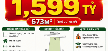 [A152] 1.599 TỶ - 673M2 ĐẤT THỔ CƯ 2 MẶT TIỀN KINH DOANH GẦN NHÀ THỜ B'DOR
