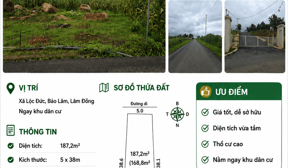 [A158] 550 TRIỆU - 187,2M2 ĐẤT THỔ CƯ NGAY KHU DÂN CƯ LỘC ĐỨC BẢO LỘC GẦN CHỢ TRƯỜNG HỌC