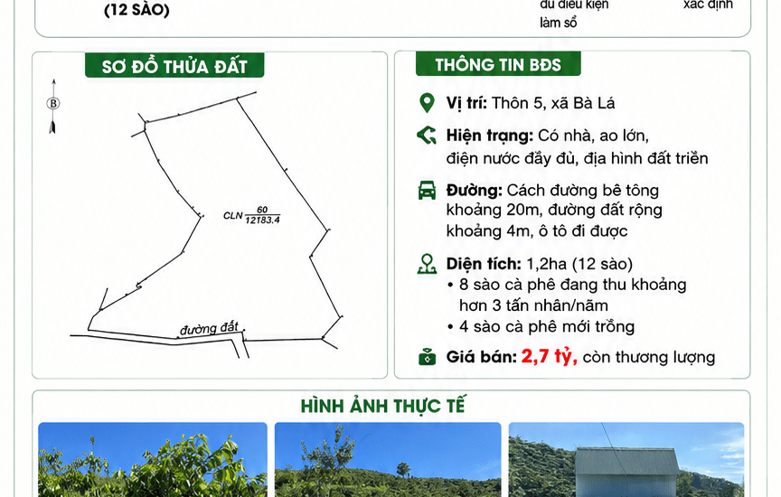 [A160] 2,7 TỶ - 1,2 HA ĐẤT VƯỜN CÀ PHÊ CÓ NHÀ AO LỚN BẢO LỘC