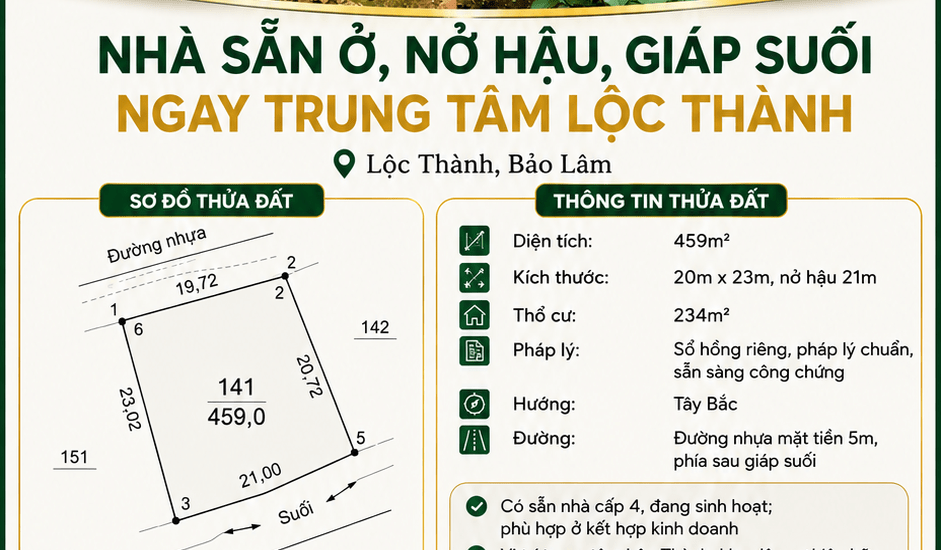 [A169] 2,7 TỶ - 459M2 NHÀ CẤP 4 NỞ HẬU GIÁP SUỐI LỘC THÀNH BẢO LỘC GẦN CHỢ LỘC THÀNH