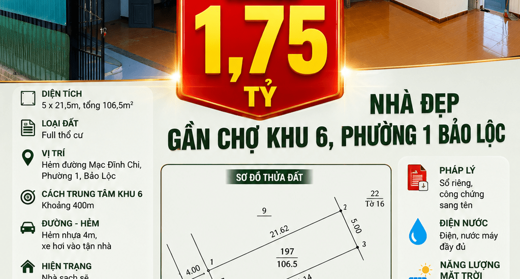 [A170] 1,75 TỶ - 106,5M2 NHÀ SỔ HỒNG RIÊNG PHƯỜNG 1 BẢO LỘC GẦN CHỢ KHU 6