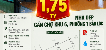 [A170] 1,75 TỶ - 106,5M2 NHÀ SỔ HỒNG RIÊNG PHƯỜNG 1 BẢO LỘC GẦN CHỢ KHU 6