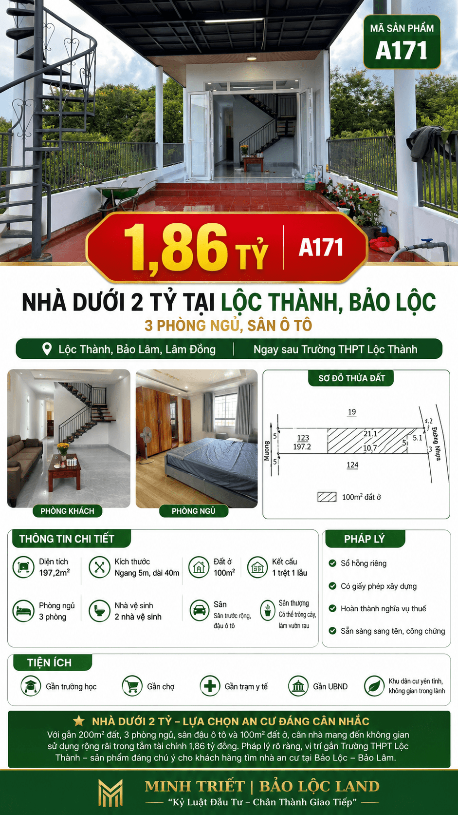 Infographic bất động sản mã A171: nhà dưới 2 tỷ tại Lộc Thành, Bảo Lâm, Lâm Đồng, giá 1,86 tỷ đồng. Bất động sản có diện tích 197,2m², ngang 5m dài 40m, 100m² đất ở, nhà 1 trệt 1 lầu, 3 phòng ngủ, 2 nhà vệ sinh và sân trước đậu ô tô. Vị trí ngay sau Trường THPT Lộc Thành, đường nhựa 6m. Infographic gồm ảnh thực tế ngôi nhà, phòng khách, phòng ngủ, sơ đồ thửa đất và thông tin pháp lý sổ hồng riêng. Thương hiệu Minh Triết | Bảo Lộc Land.
