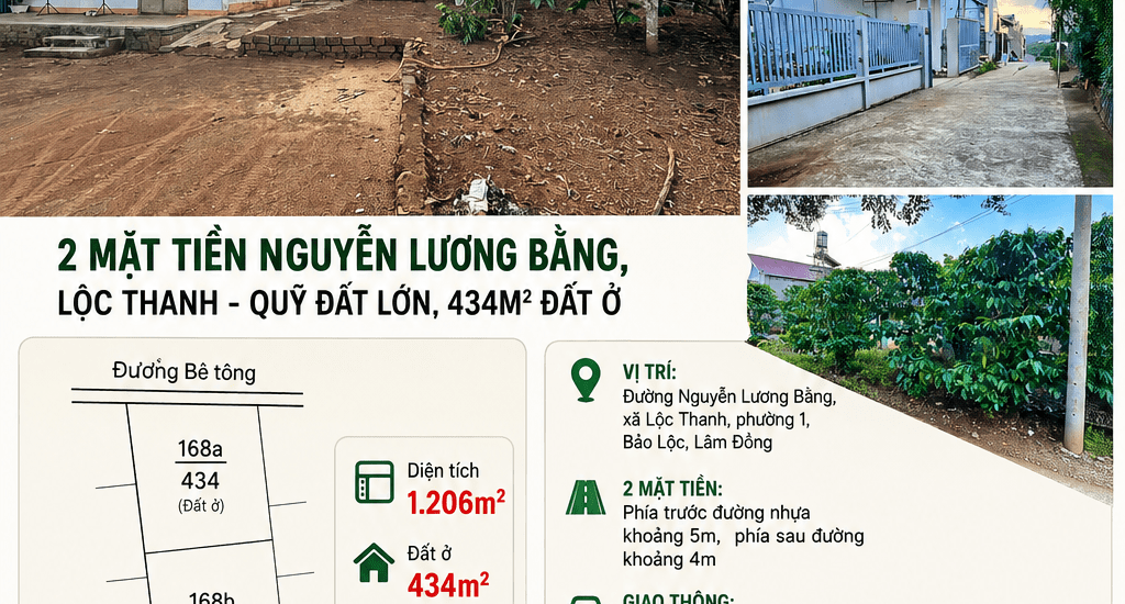 [A174] 7,5 TỶ - 1.206M2 ĐẤT THỔ CƯ 2 MẶT TIỀN NGUYỄN LƯƠNG BẰNG GẦN TRƯỜNG THPT LỘC THANH