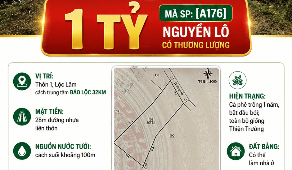 [A176] 1 TỶ - 2,5 SÀO ĐẤT BẰNG MẶT TIỀN ĐƯỜNG NHỰA CÀ PHÊ ĐANG BỔI