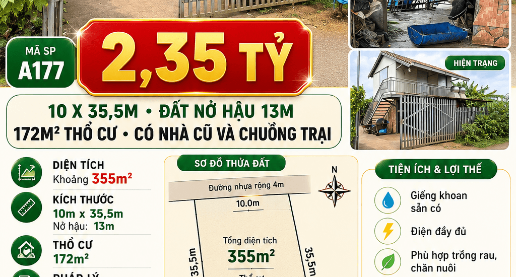A177 2,35 TỶ - 355M2 ĐẤT NỞ HẬU CÓ NHÀ CŨ & CHUỒNG TRẠI PHƯỜNG 2 BẢO LỘC