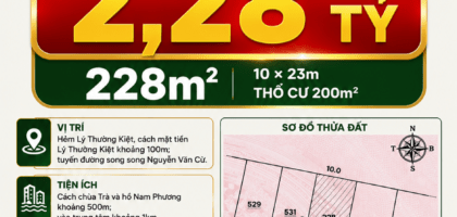 [A182] 2,28 TỶ - 228M2 ĐẤT THỔ CƯ VUÔNG ĐẸP GẦN HỒ NAM PHƯƠNG
