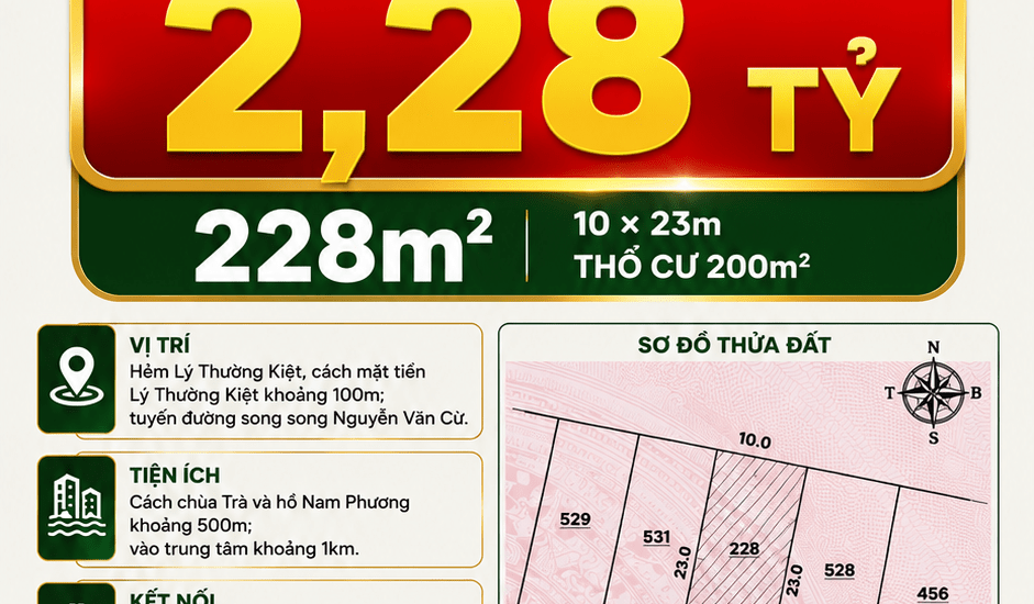 [A182] 2,28 TỶ - 228M2 ĐẤT THỔ CƯ VUÔNG ĐẸP GẦN HỒ NAM PHƯƠNG