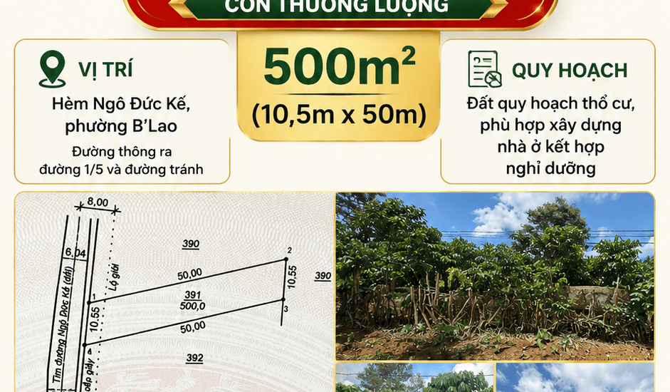 [A185] 1,6 TỶ - 500M2 ĐẤT THỔ CƯ BẰNG ĐẸP PHƯỜNG B'LAO GẦN HẺM NGÔ ĐỨC KẾ